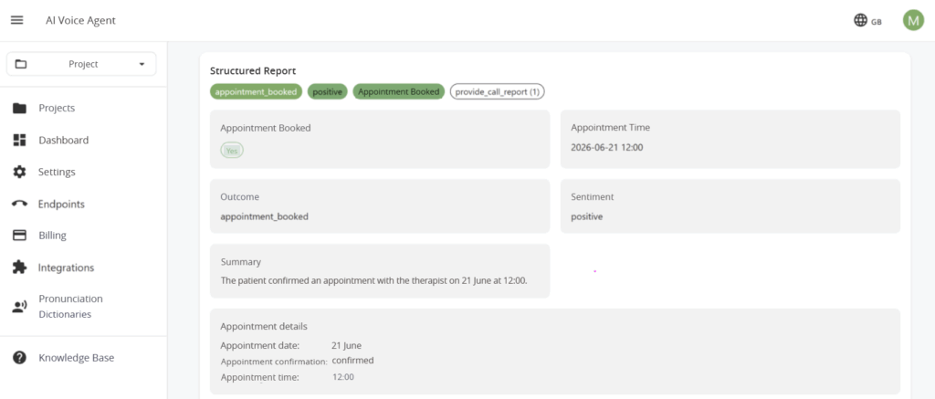 AI Voice Agent call data in dashboard