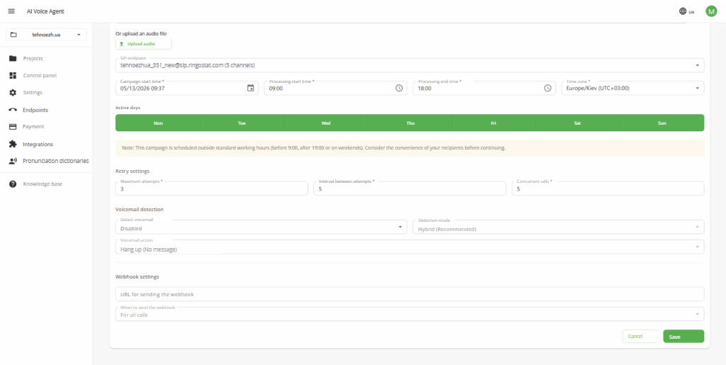 AI Voice Agent call time settings