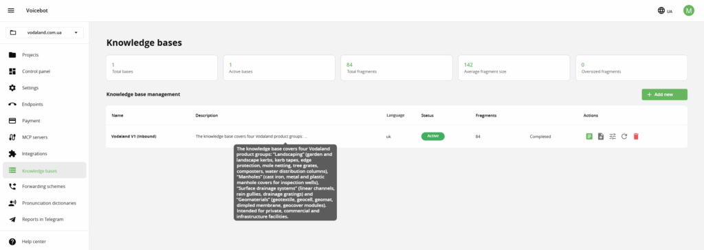 Knowledge base in the dashboard